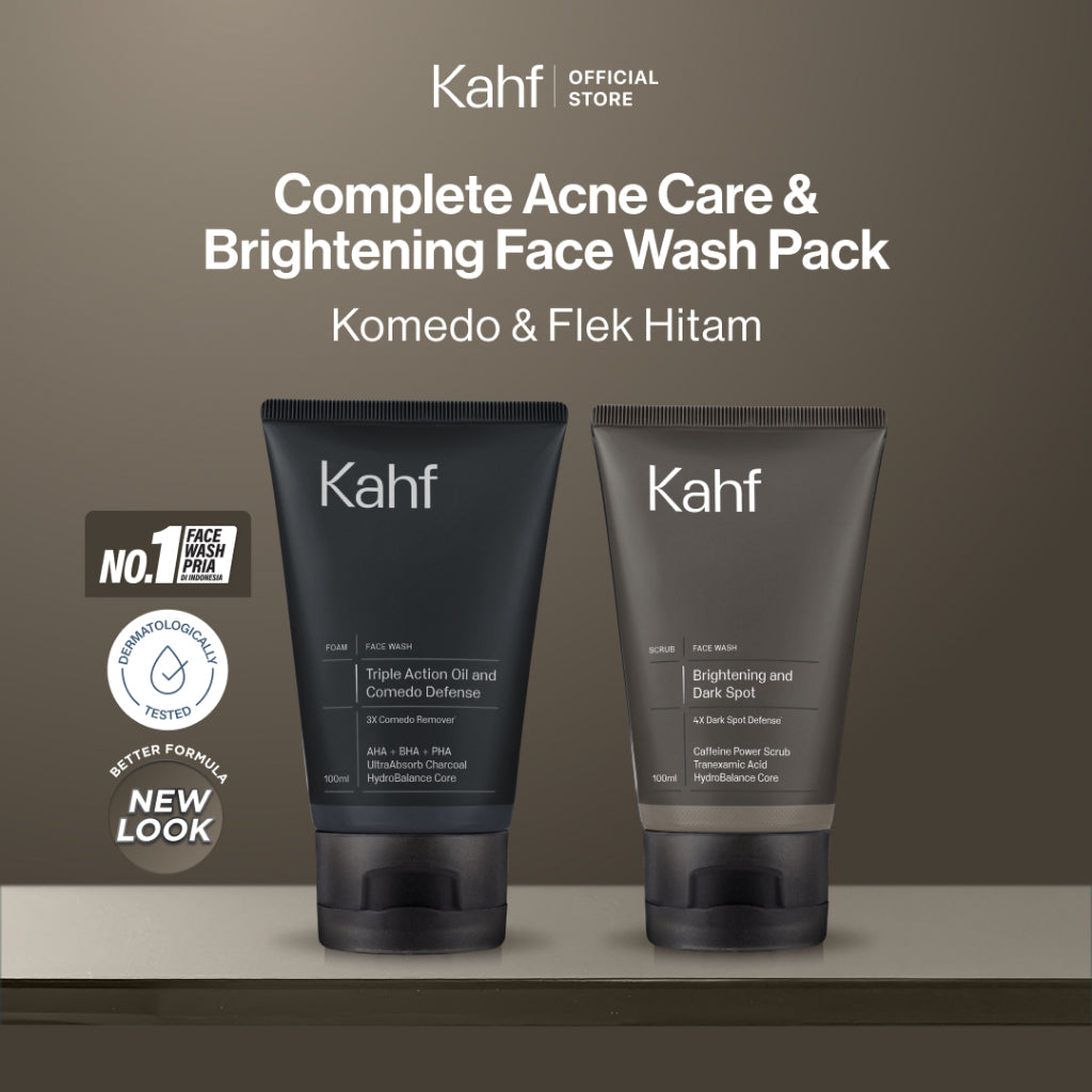 [SPECIAL 11.11 : B2G5 - KAHF BUNDLE 2IN1 PAKET FACIAL WASH] Complete Acne Care & Brightening Face Wash Pack 100 ml isi 2 pcs - Wajah Glowing, Cerah, Anti Ketarik, & Bebas Kusam - Bundle Perawatan Wajah Pria - Kombinasi Sabun Cuci Muka Sesuai Kondisi Kulit