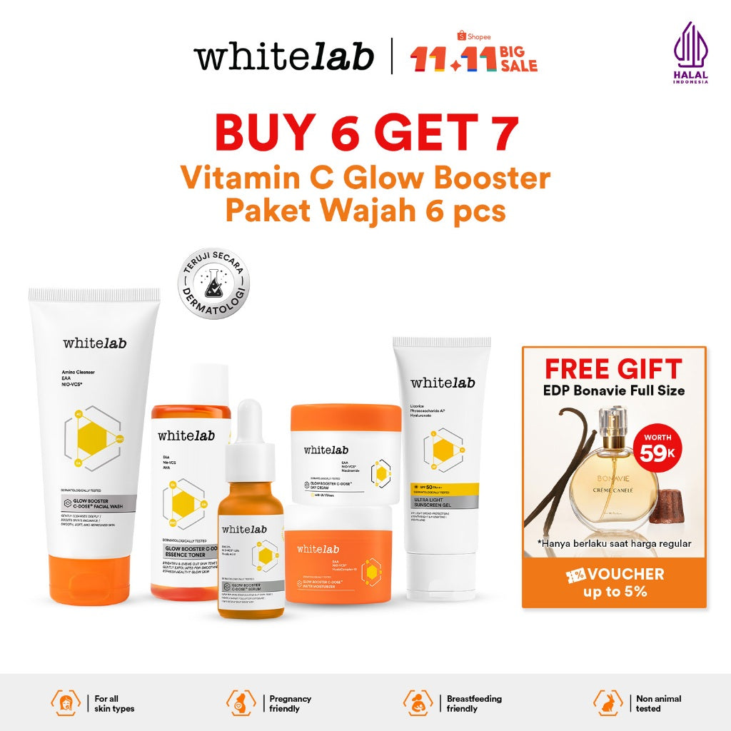 Whitelab 6 pcs Glow Booster C-Dose+ Brightening Paket Wajah - Facial Wash, Toner, Serum, Moisturizer, Sunscreen Paket Skincare