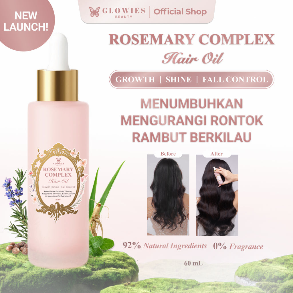 [NEW LAUNCH] Glowies Beauty Rosemary Complex Hair Oil Penumbuh Rambut Alami dengan 92% Natural Ingredients atasi Rambut Rontok & Rapuh dilengkapi dengan Rosemary, Ginseng, Castor & Aloe Vera Tanpa Pewangi & Aman untuk Kulit Kepala Sensitif