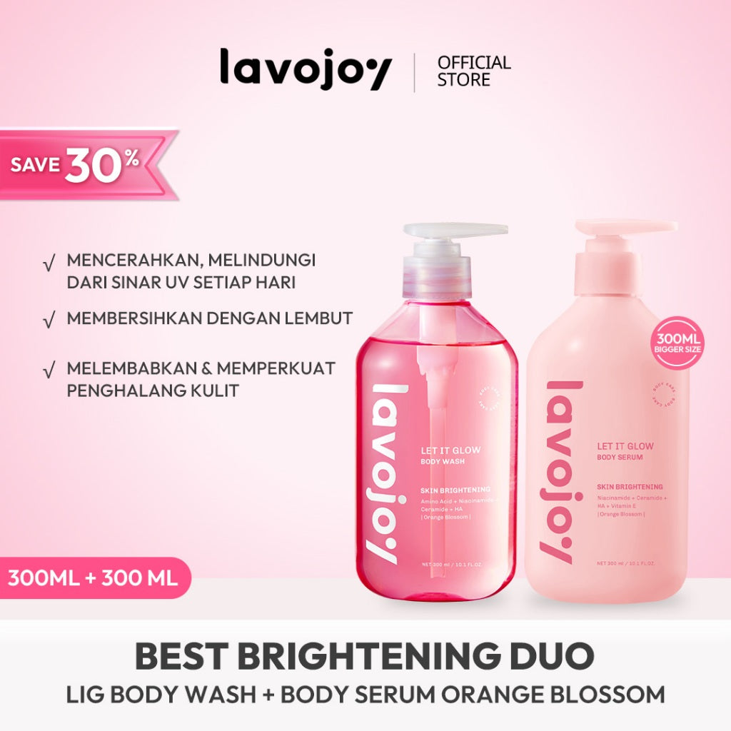 [ECONOMIC BUNDLE] Lavojoy 2in1 Brightening care | Body Serum 300ml + Body wash 300ml | Perawatan untuk Mencerahkan dan Melembabkan kulit dengan Niacinamide + Ceramide + Vitamin E