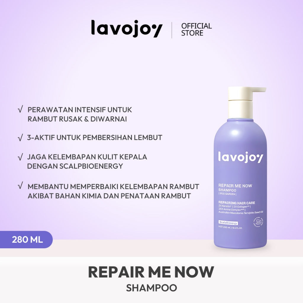 [NEW LAUNCH] Lavojoy Repair Me Now Shampoo Iris Garden 280ml  | Perbaikan Rambut Rusak Intens Dengan 3× Keratin + Ceramide Boost + ScalpBioEnergy Hydration Care | 3x Lebih Lembut, Lalus, Tanpa Mengiritasi