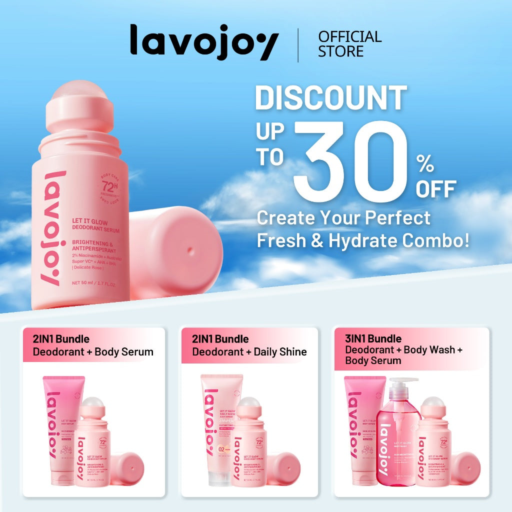 Lavojoy Let It Glow Deodorant Serum - Paket Perawatan Pencerah Ketiak & Kulit Tubuh, 72 Jam Perlindungan Bau & Keringat, Cepat Kering 5 Detik, Aman Kulit Sensitif, Niacinamide + Vitamin C