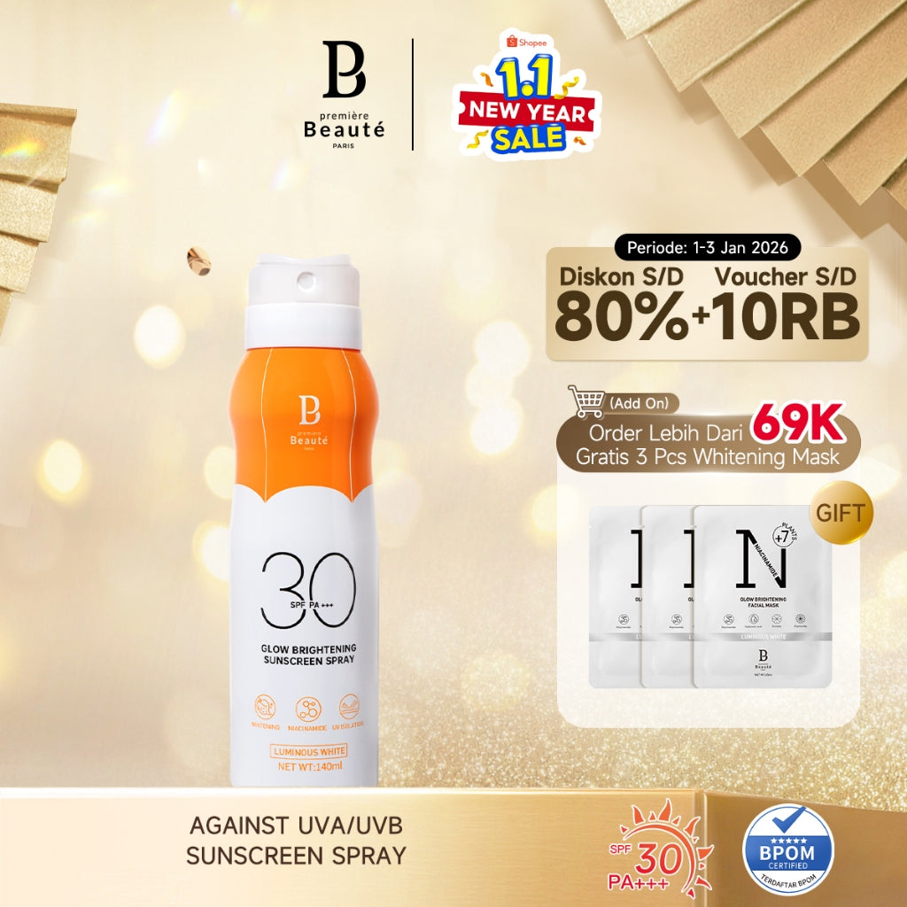 PREMIERE BEAUTE Sunscreen Spray 140ml (SPF 30 PA+++) White Skincare Series Suncreen wajah UV Waterproof Shield Barrier Anti-Aging Brightening Whitening Mencerahkan Wajah Melindungi Kulit dari Sinar Niacinamide Ceramide