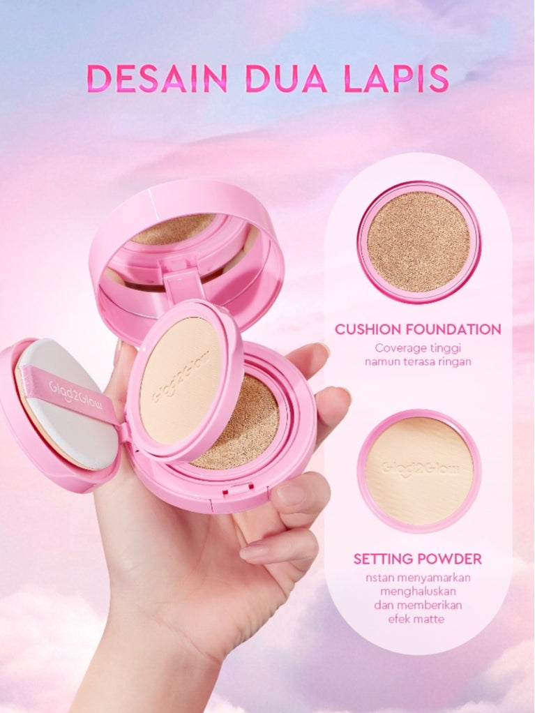 Glad2Glow 2in1 Perfect Pair Cushion Powder Foundation Waterproof Make Up Setting BB Cream Concealer Foundation bedak padat Wajah Extract Mencerahkan Cover Tinggi  long lasting Tahan 12Jam tahan lama Velvet To Matte skin tint wanita g2glow official store