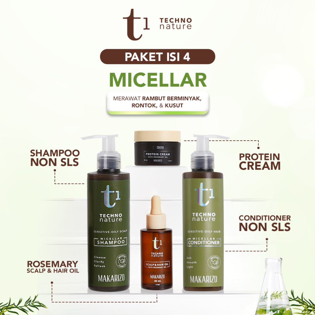 PAKET ISI 4 - Makarizo T1 Techno Nature Rosemary Scalp & Hair Oil 40mL + Micellar Shampoo & Conditioner 180 mL + Protein Cream 50mL - Shampoo Conditioner Non SLS