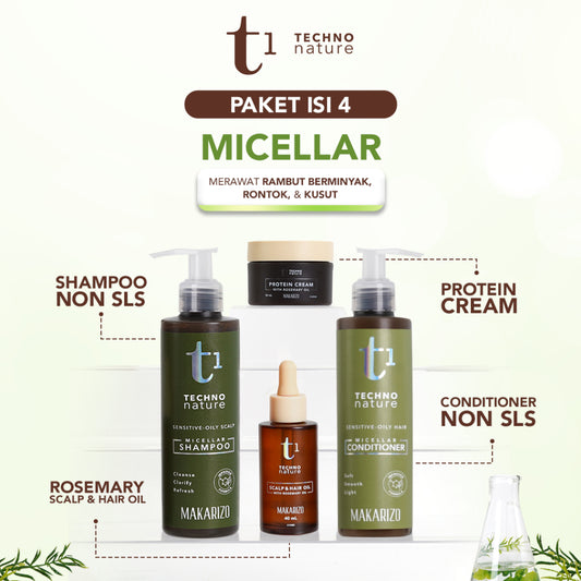 PAKET ISI 4 - Makarizo T1 Techno Nature Rosemary Scalp & Hair Oil 40mL + Micellar Shampoo & Conditioner 180 mL + Protein Cream 50mL - Shampoo Conditioner Non SLS