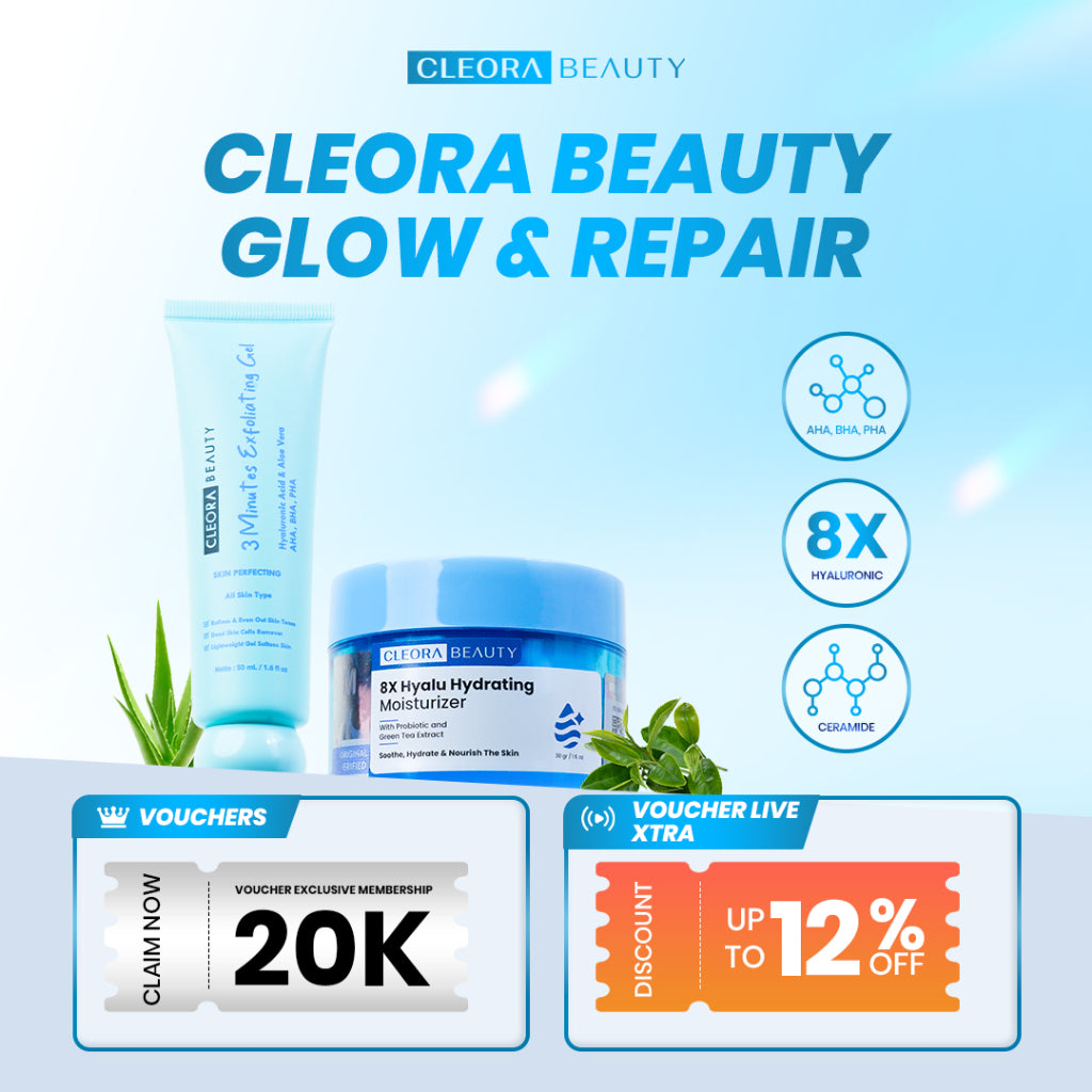 [2IN1 SUPER HEMAT] Cleora Glow & Repair - Skincare 8X Hyalu Moisturizer & 3 Minutes Exfoliating Gel With AHA BHA PHA Brightening Whitening Mencerahkan Mengangkat Sel Kulit Mati SkinBarrier Melembabkan Eksfoliasi Exfoliasi Scrub Wajah Wanita Acne Day Cream