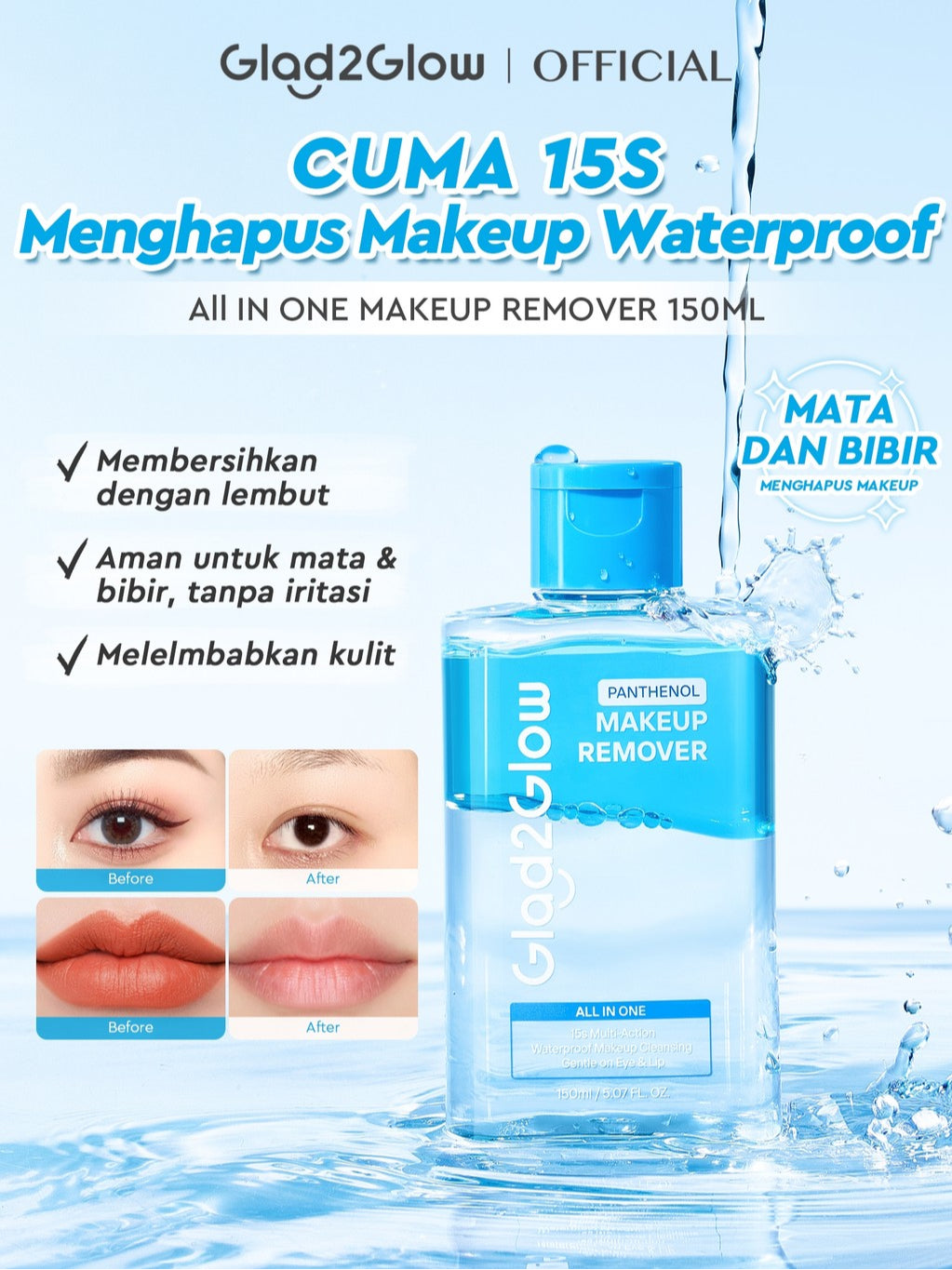 [NEW LAUNCH]Glad2Glow All IN ONE MAKEUP REMOVER Untuk Semua Kulit Lembut cleansing oil Micellar water Penghapus Makeup Waterproof Hapus Riasan Tahan Air dengan dan Dual-Phase Makeup Melting Solution Tanpa Iritasi untuk Kulit Sensitif g2glow official store