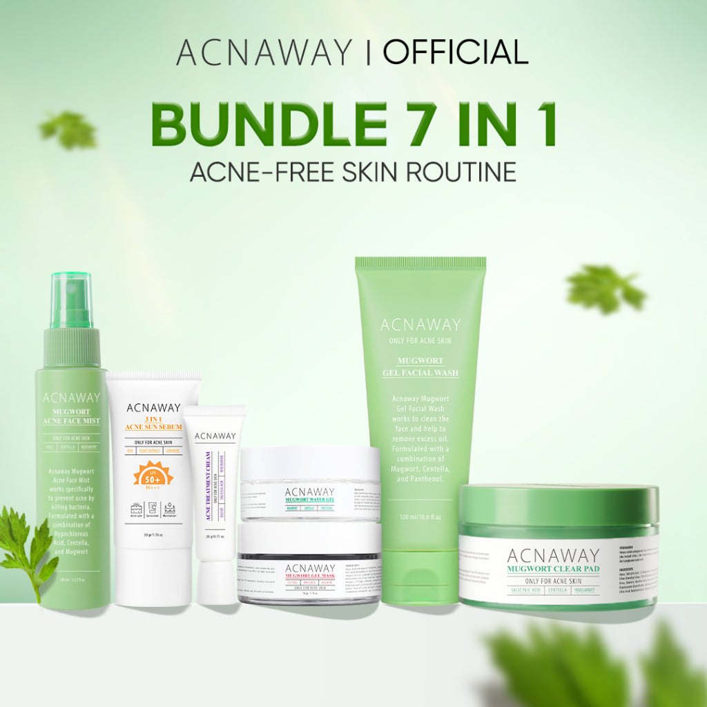 ACNAWAY Bundle 7 in 1 Skincare Routine – Perawatan Wajah Lengkap untuk Kulit Berjerawat & Sensitif facial wash cleanser moisturizer cream gel moist sunscreen acne spot acne treatment masker Acne Clear Pad Exfoliating