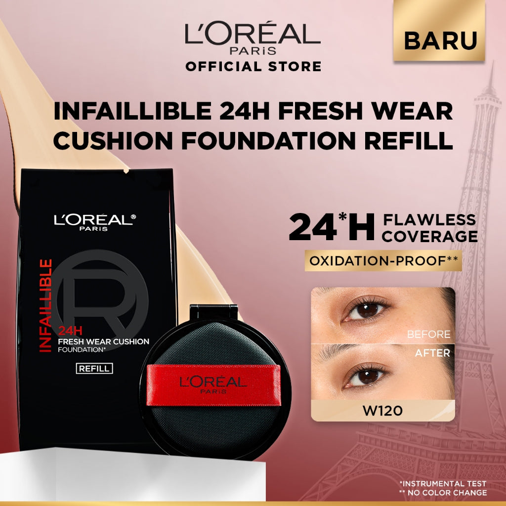 [BARU!] L'Oreal Paris Infaillible Cushion Foundation 24H - flawless coverage,  Cushion dengan hasil yang nyaman tersedia dalam 10 shades cocok untuk kulit indonesia.