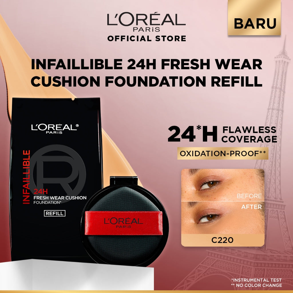 [BARU!] L'Oreal Paris Infaillible Cushion Foundation 24H - flawless coverage,  Cushion dengan hasil yang nyaman tersedia dalam 10 shades cocok untuk kulit indonesia.