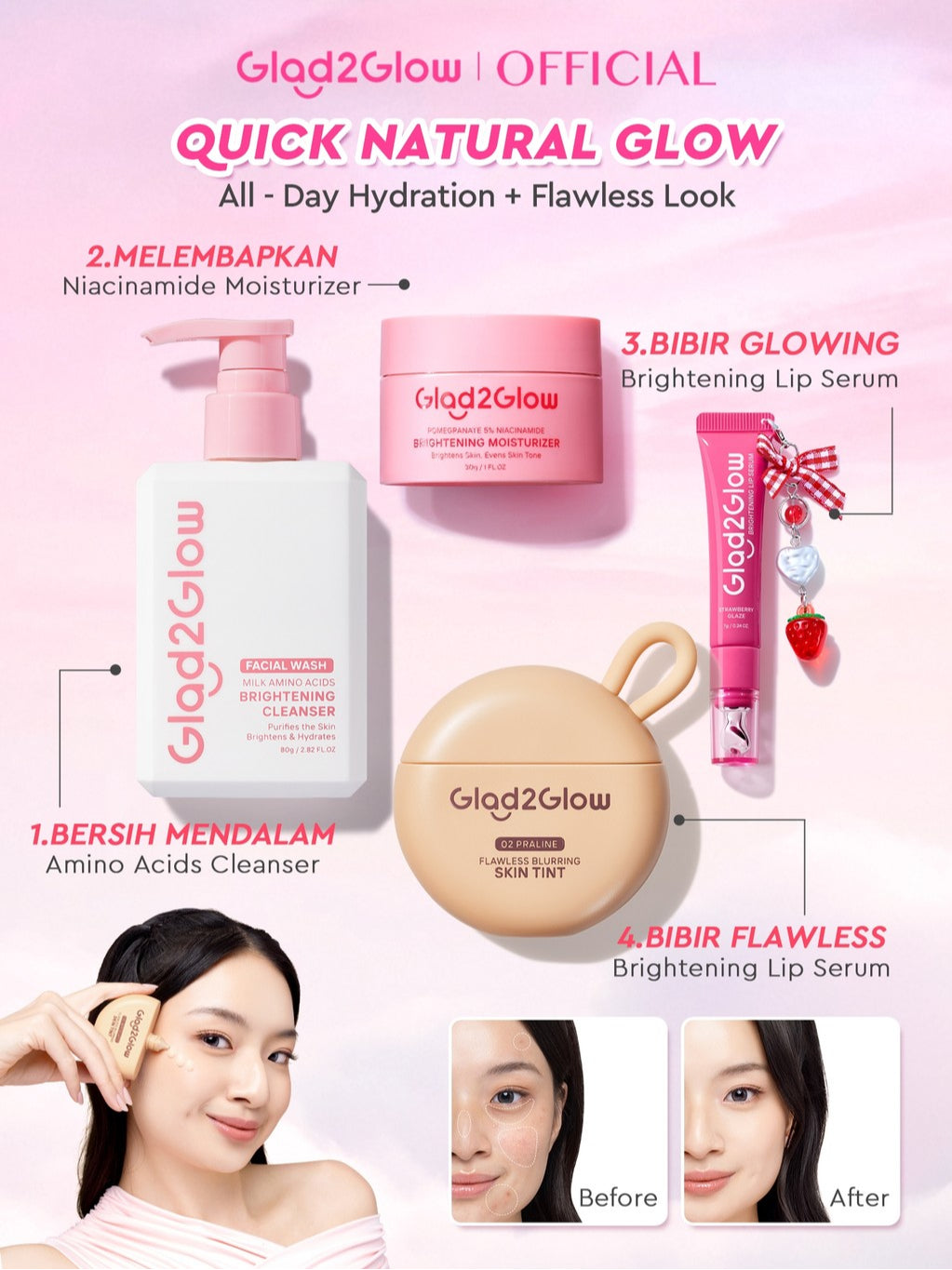 [NEW LAUNCH]Glad2Glow Natural Glowing Set Bundle 4in1-Brightening Moisturizer+Cleanser+lip serum+skin tint 10%Niacinamide skincare paket pembersih perawatan kulit mencerahkan warna kulit pelembab wajah all in 1g2glow official store