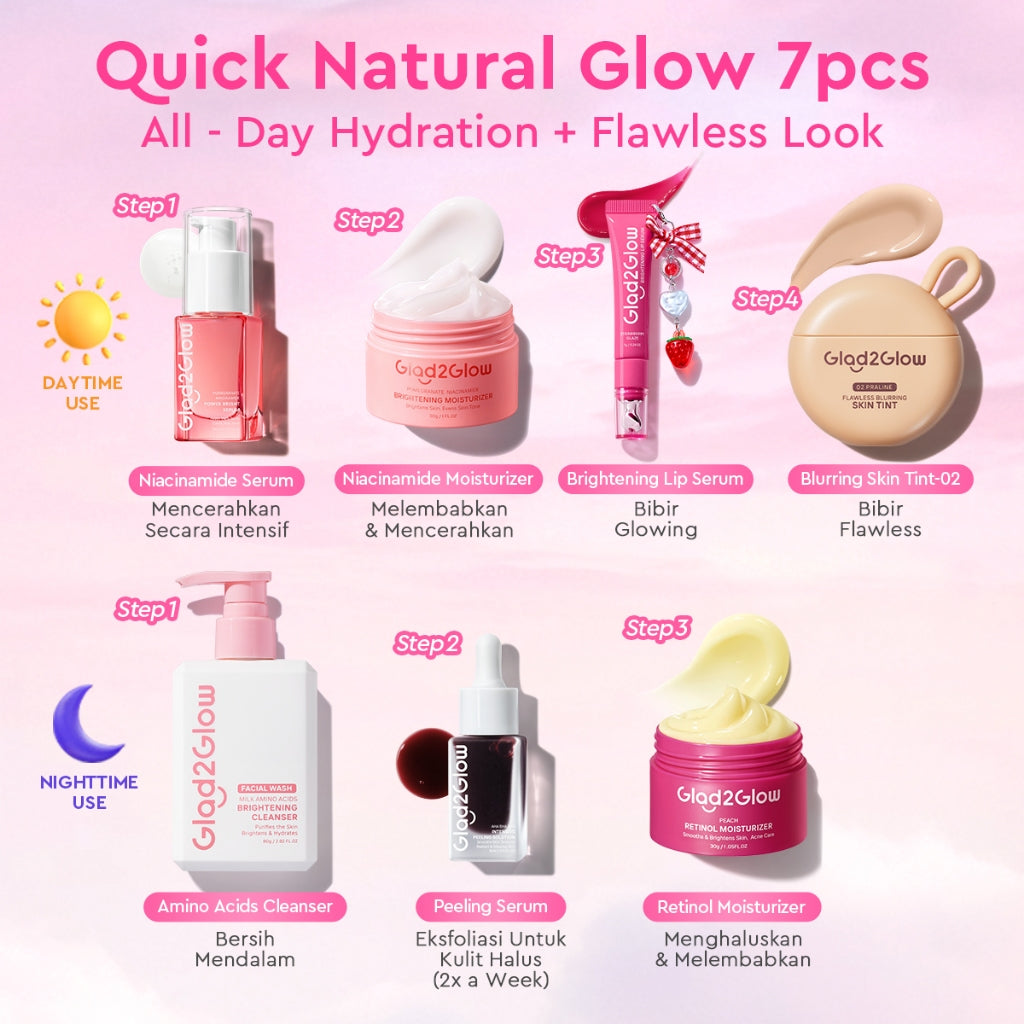 [Cocok Untuk Pemula] Glad2Glow Cerah Glowing Bundle all in 1 7in1-Brightening Moisturizer+Serum+Cleanser+toner+Peeling solution+Retinol 10%Niacinamide skincare paket pembersih perawatan kulit mencerahkan warna kulit pelembab wajah g2glow official store