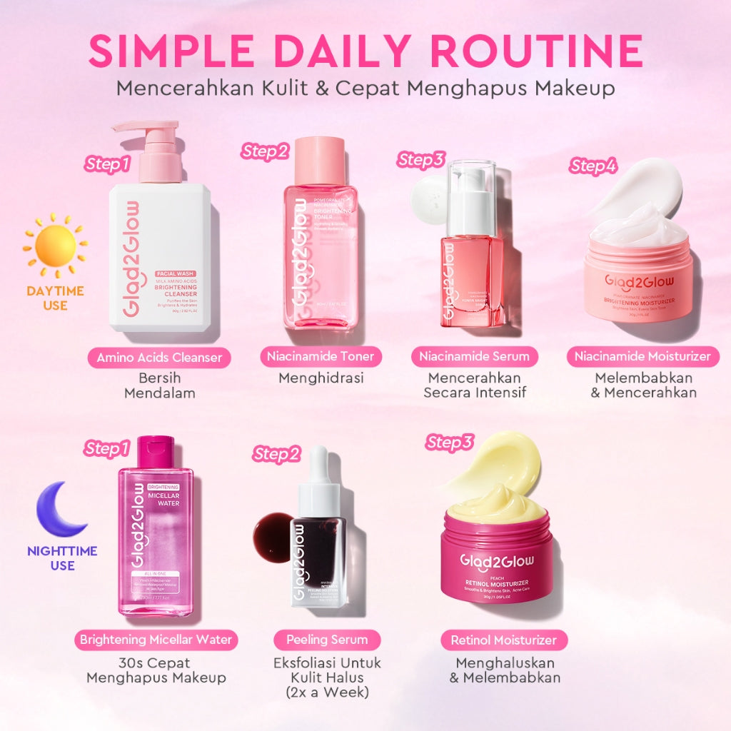 [Cocok Untuk Pemula] Glad2Glow Cerah Glowing Bundle all in 1 7in1-Brightening Moisturizer+Serum+Cleanser+toner+Peeling solution+Retinol 10%Niacinamide skincare paket pembersih perawatan kulit mencerahkan warna kulit pelembab wajah g2glow official store
