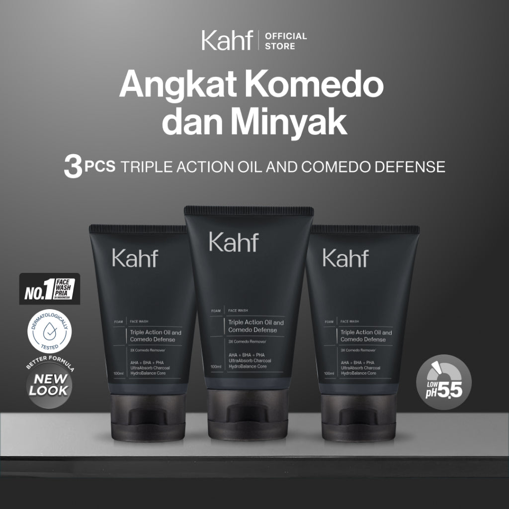 [SPECIAL 11.11 : B3G4 - KAHF BUNDLE 3IN1 PAKET FACIAL WASH] Triple Pack Face Wash 100 ml - Sabun Cuci Muka Pria Brightening, Acne, Oily, Comedo, Sensitive Skin - Wajah Glowing, Jerawat Hilang, Bebas Minyak - Gentle Cleanser Low pH for Daily Use