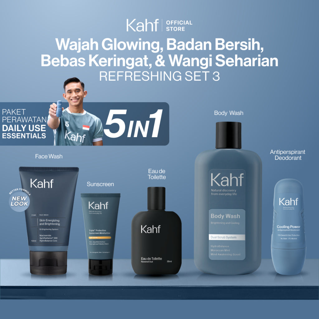 [KAHF BUNDLE 5IN1 PAKET PERAWATAN DAILY USE ESSENTIALS : WAJAH GLOWING, BADAN BERSIH, BEBAS KERINGAT, & WANGI SEHARIAN] Paket Personal Care (Face Wash + Sunscreen + Body Wash + Deodorant + Eau de Toilette) - Suitable for Daily Use