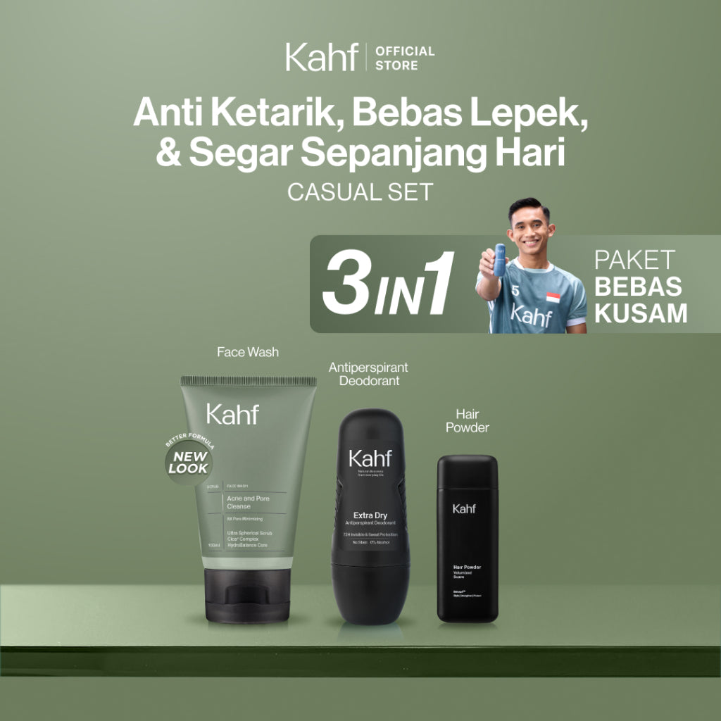 [KAHF BUNDLE 3IN1 PAKET BEBAS KUSAM : ANTI KETARIK, BEBAS LEPEK, & SEGAR SEPANJANG HARI] Paket Grooming (Pomade/Hair Powder + Face Wash + Deodorant) - Approved by Barber and Suitable for Daily Use