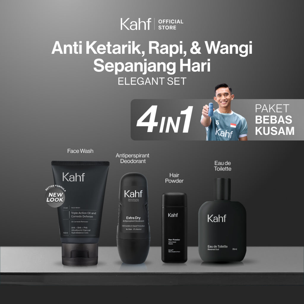 [KAHF BUNDLE 4IN1 PAKET BEBAS KUSAM : ANTI KETARIK, RAPI, & WANGI SEPANJANG HARI] Paket Grooming (Pomade/Hair Powder + Face Wash + Deodorant + Eau de Toilette) - Approved by Barber and Suitable for Daily Use