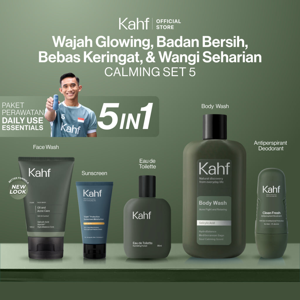 [KAHF BUNDLE 5IN1 PAKET PERAWATAN DAILY USE ESSENTIALS : WAJAH GLOWING, BADAN BERSIH, BEBAS KERINGAT, & WANGI SEHARIAN] Paket Personal Care (Face Wash + Sunscreen + Body Wash + Deodorant + Eau de Toilette) - Suitable for Daily Use