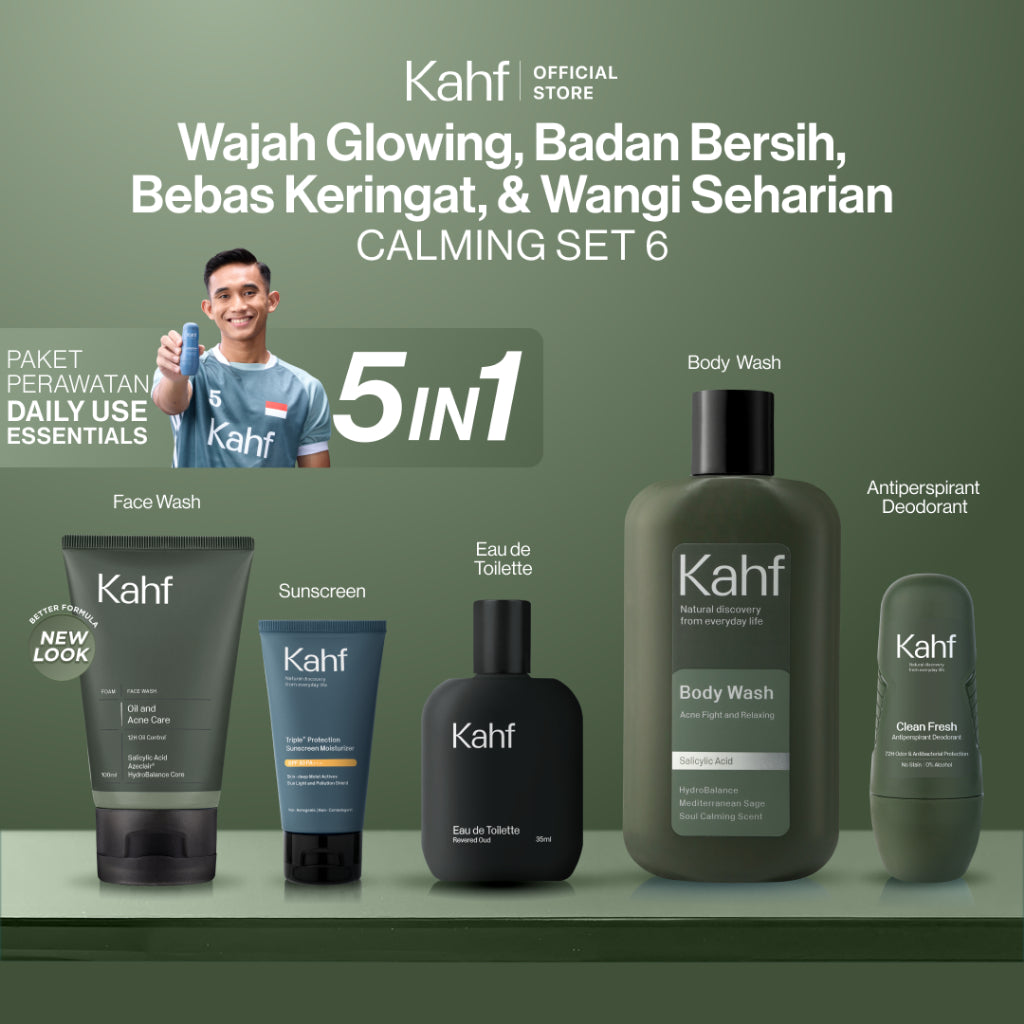 [KAHF BUNDLE 5IN1 PAKET PERAWATAN DAILY USE ESSENTIALS : WAJAH GLOWING, BADAN BERSIH, BEBAS KERINGAT, & WANGI SEHARIAN] Paket Personal Care (Face Wash + Sunscreen + Body Wash + Deodorant + Eau de Toilette) - Suitable for Daily Use