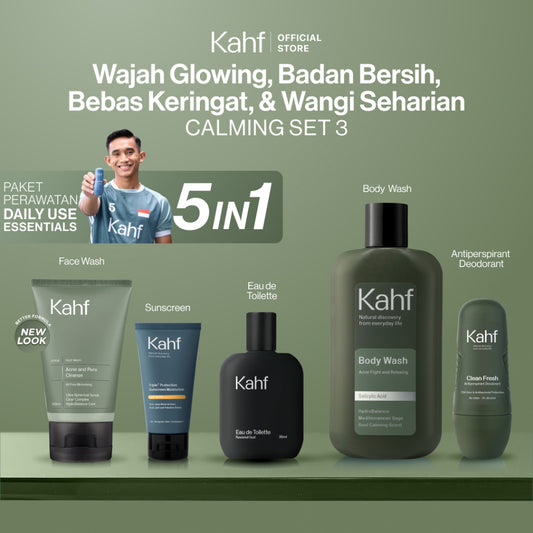 [CREATOR'S PICK - KAHF BUNDLE 5IN1 PAKET PERAWATAN DAILY USE ESSENTIALS : WAJAH GLOWING, BADAN BERSIH, BEBAS KERINGAT, & WANGI SEHARIAN] Paket Personal Care (Face Wash + Sunscreen + Body Wash + Deodorant + Eau de Toilette) - Suitable for Daily Use