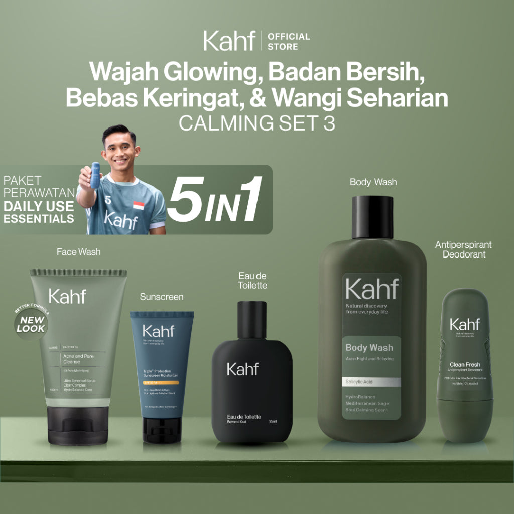 [KAHF BUNDLE 5IN1 PAKET PERAWATAN DAILY USE ESSENTIALS : WAJAH GLOWING, BADAN BERSIH, BEBAS KERINGAT, & WANGI SEHARIAN] Paket Personal Care (Face Wash + Sunscreen + Body Wash + Deodorant + Eau de Toilette) - Suitable for Daily Use