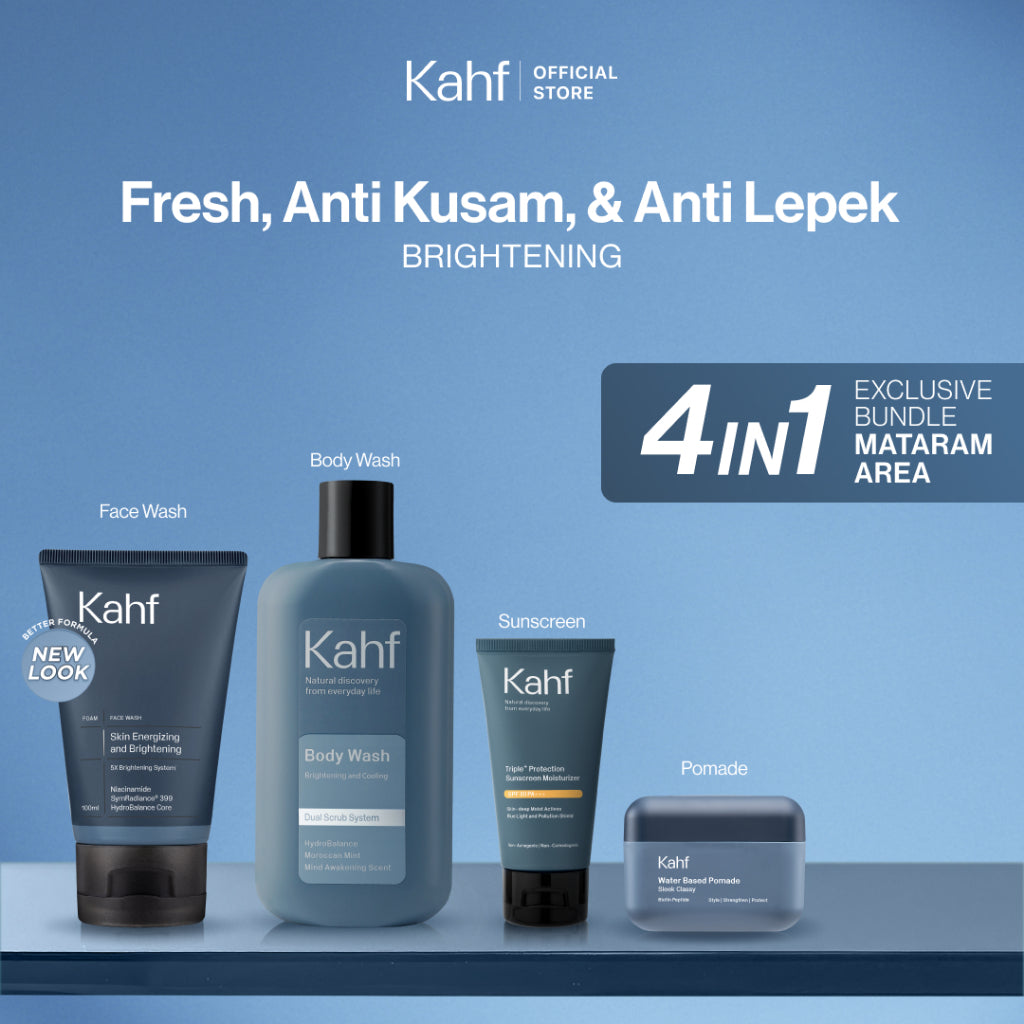 [EXCLUSIVE BUNDLE FOR MATARAM AREA] Kahf 4in1 Paket Paket Fresh, Anti Kusam, & Anti Lepek (Face Wash + Sunscreen + Pomade + Body Wash) - Approved by Barber & Suitable for Daily Use