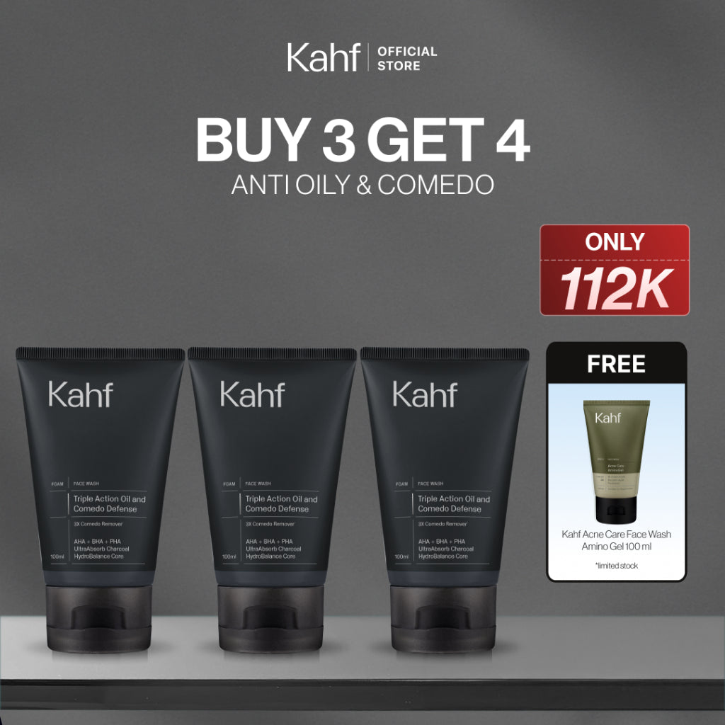 [SPECIAL 11.11 : B3G4 - KAHF BUNDLE 3IN1 PAKET FACIAL WASH] Triple Pack Face Wash 100 ml - Sabun Cuci Muka Pria Brightening, Acne, Oily, Comedo, Sensitive Skin - Wajah Glowing, Jerawat Hilang, Bebas Minyak - Gentle Cleanser Low pH for Daily Use