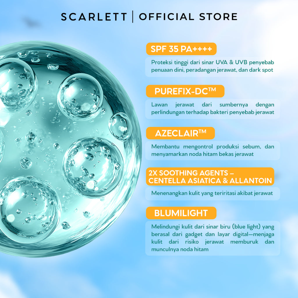 SCARLETT Acne Peace Daily Sunscreen SPF 35 PA++++ – Sunscreen Kulit Berjerawat , Teruji In Vivo , Non Acnegenic Tested , Non Comedogenic Tested, Melawan Jerawat