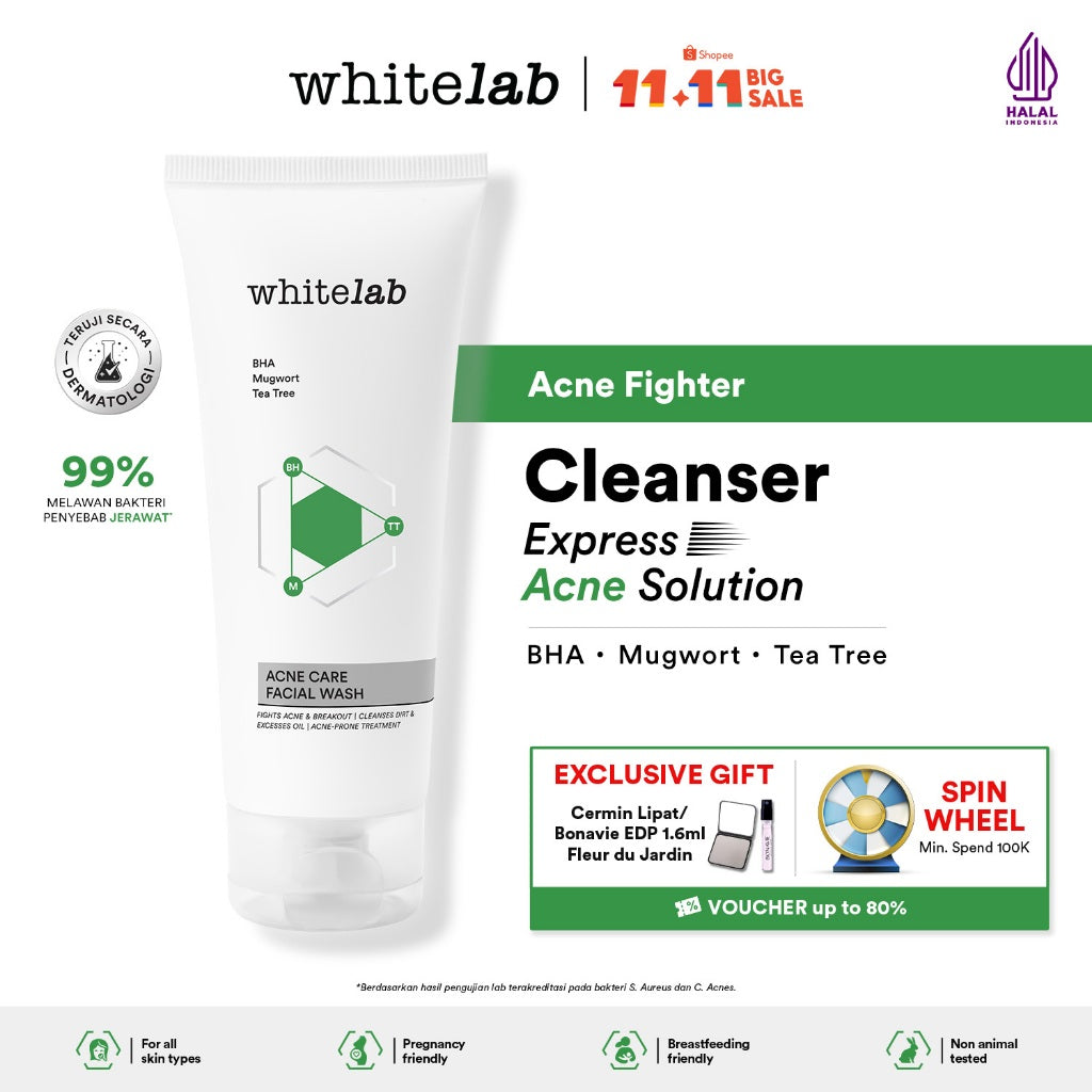 Whitelab Acne Care Facial Wash - Sabun Cuci Muka Untuk Kulit Jerawat Kontrol Minyak Berlebih Anti Bakteri dengan Mugwort, Tea Tree & BHA [BPOM]