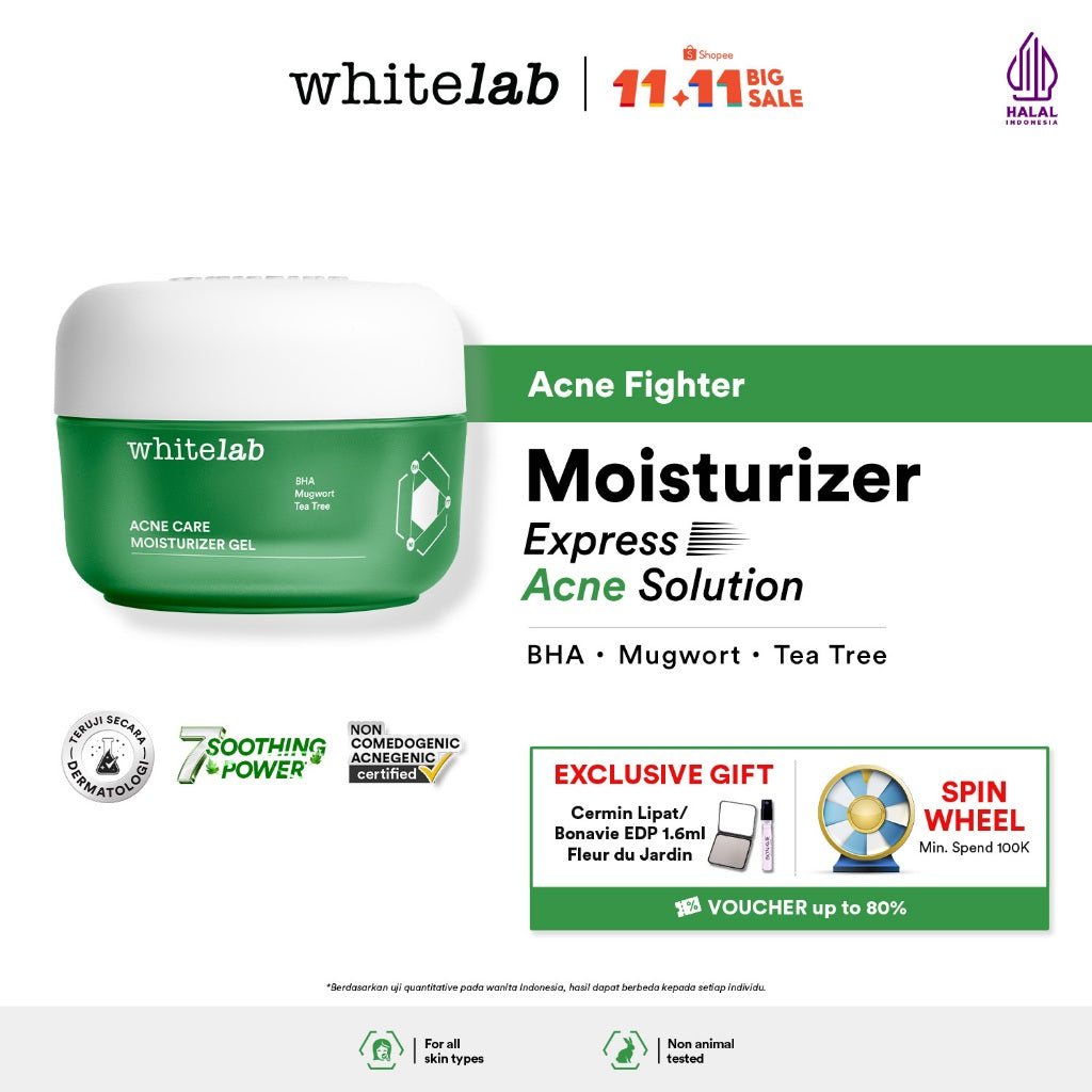 Whitelab Acne Care Moisturizer Gel - Pelembap Kulit Wajah untuk Mengurangi dan Meredakan Jerawat Pagi Malam dengan BHA, Mugwort & Tea Tree [BPOM]