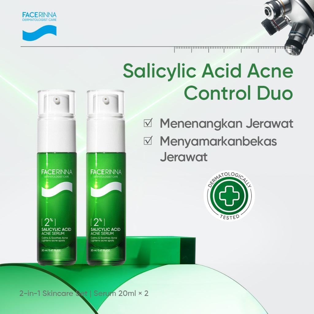 FACERINNA 2% Salicylic Acid + 2% Niacinamide Acne Serum 20ml |  Serum Jerawat Acne Treatment Menghilangkan Bekas Jerawat Kulit Beruntusan Mencegah Jerawat Datang Lagi Calms Acnes&Redness Prevents Breakout | Anti-Acne Exfoliating Brightening Pemutih Wajah