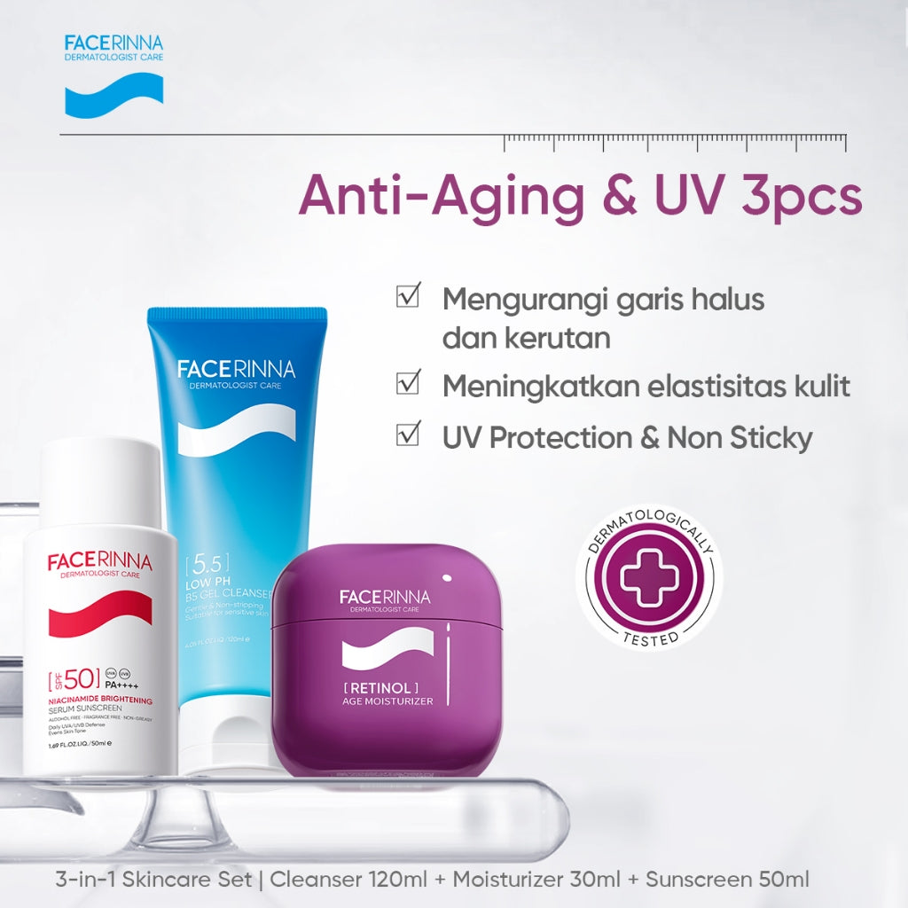 FACERINNA 3pcs Skincare Set | Moisturizer + Cleanser + Sunscreen | Low pH Gentle Panthenol Facial Wash B5 Repair Niacinamide Brightening Salicylic Acid Acne Control Menjaga Skin Barrier Menenangkan kulit kering Hydrating Brightening Exfoliating Sabun Muka