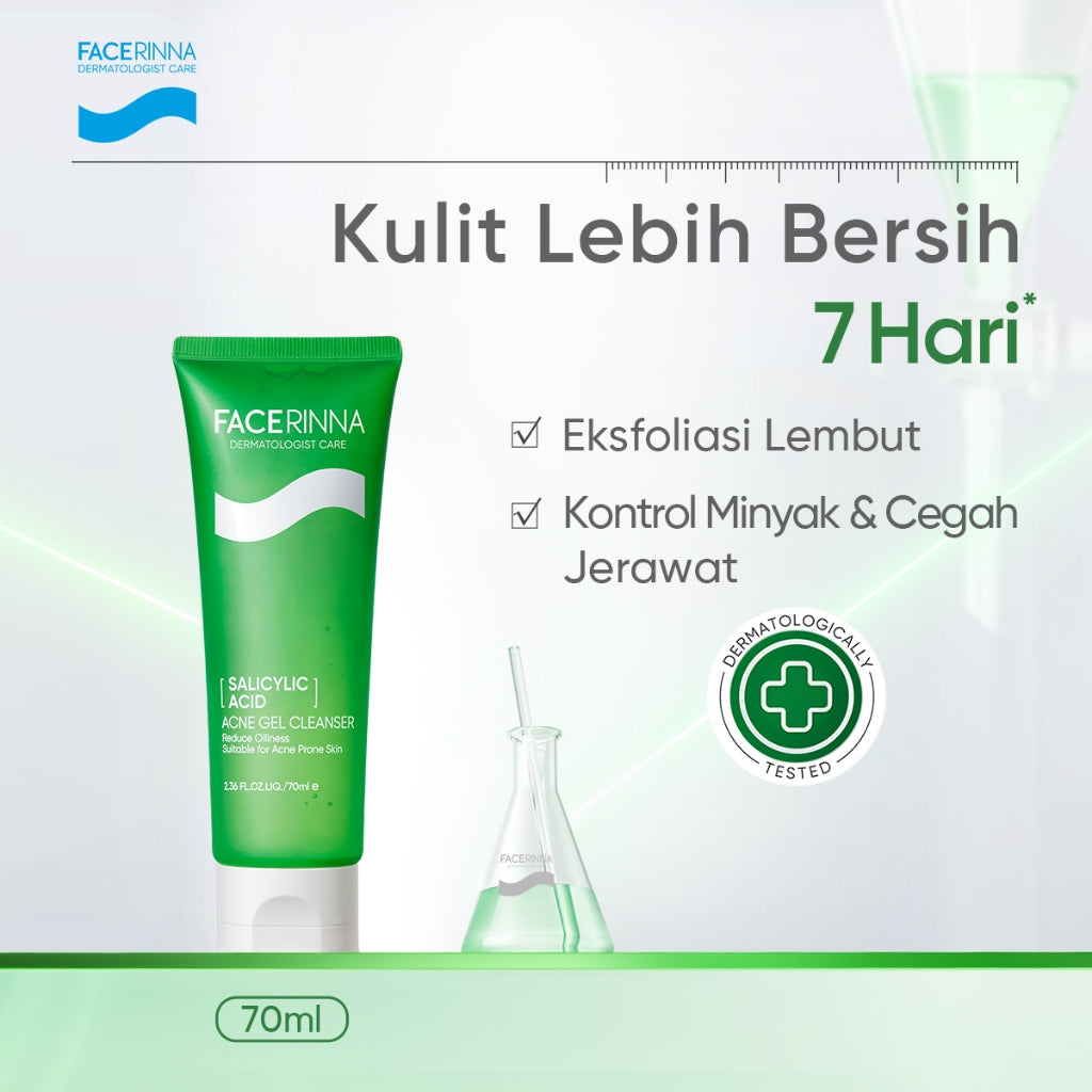 FACERINNA Salicylic Acid Acne Gel Cleanser 70ml / 120ml  | Gentle Sabun Cuci Muka Menenangkan Jerawat Mengontrol Minyak & Menghilangkan Komedo Oil Control Clean Calming Down Facial Wash Skincare Face Wash Cleansing Balm Pembersih Wajah  | Panthenol Gentl