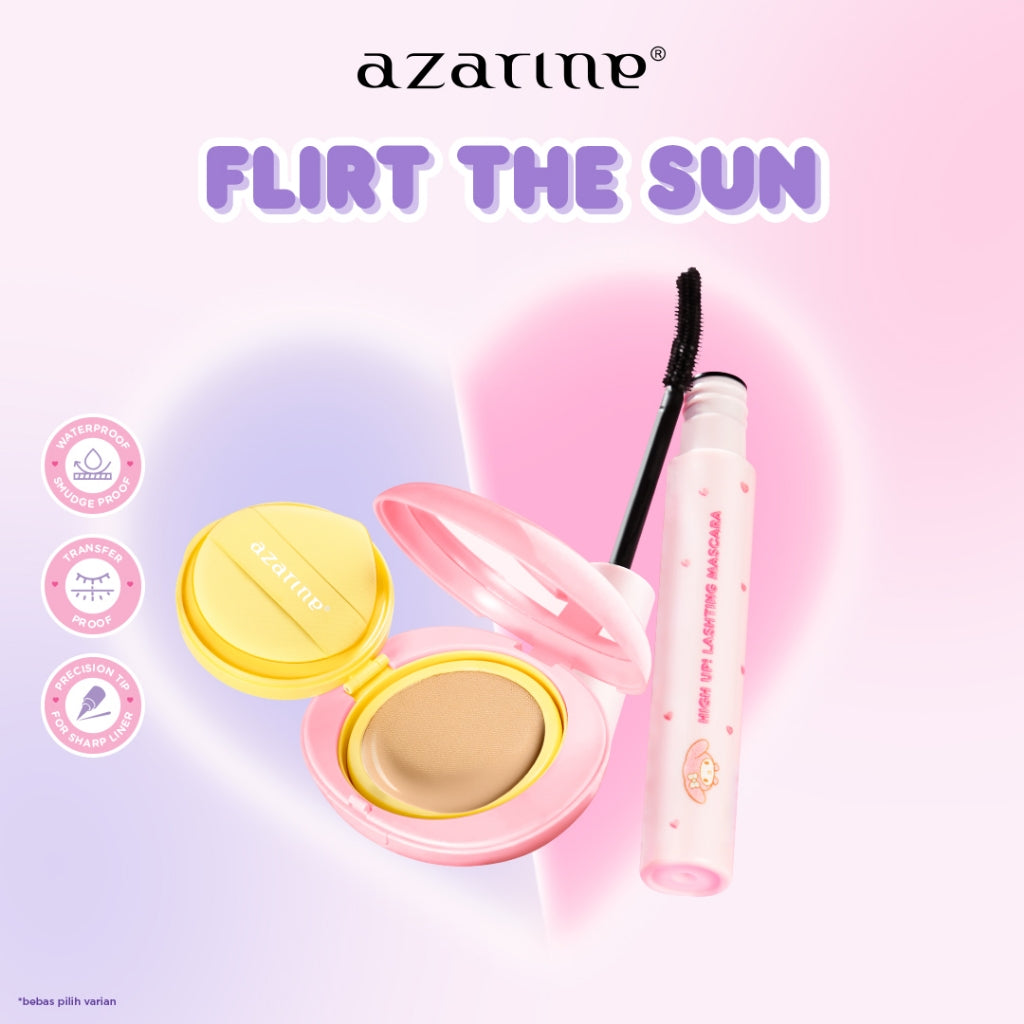 Azarine Flirt The Sun [2 PCS] High Up! Lashting Mascara Dual Finish Efek Lash Lift untuk Bulu Mata Lebih Tebal +  Sunscreen Cushion SPF50+ PA++++ Cushion Tahan Lama Flawless Matte Finish