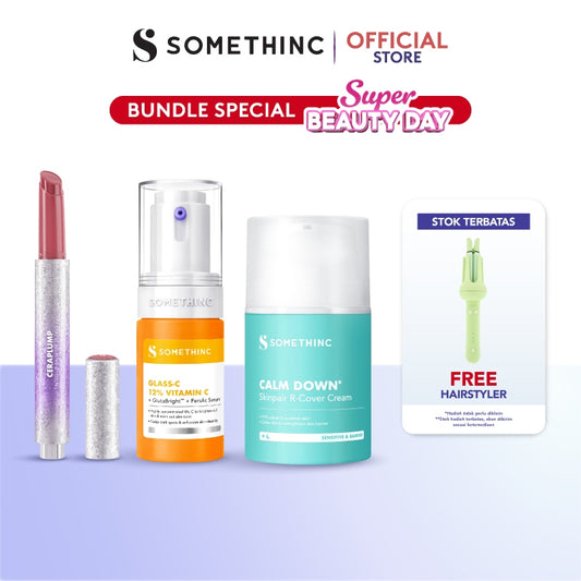 [SUPER BEAUTY DAY SPECIAL] SOMETHINC [3 PCS] Best Three Skincare Set (Glass-C 12% Vitamin C+ GlutaBright™ + Ferulic Serum + Calm Down Skinpair R-Cover Cream  + Ceraplump Tinted Lip Balm SPF25 PA++++)