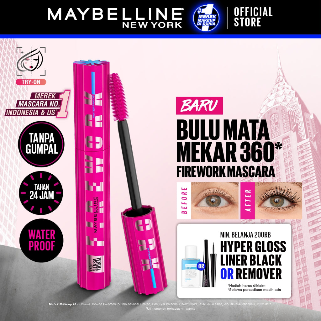 MAYBELLINE OFFICIAL Firework Waterproof Mascara 6ml - Bulu Mata Mekar Tahan 24 Jam Dramatis Maskara Eye Make up Black Tanpa Gumpal Panjang no clump volume lash lift bulu mata palsu