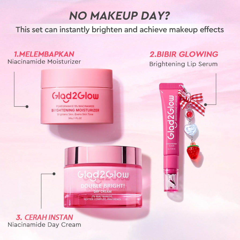 [Cocok Untuk Pemula] Glad2Glow Tone up Set Cerah Glowing  Bundle 4in1-Brightening Moisturizer+Cleanser+day cream+Lip serum+10%Niacinamide skincare paket pembersih perawatan kulit mencerahkan warna kulit pelembab wajah all in 1g2glow official store