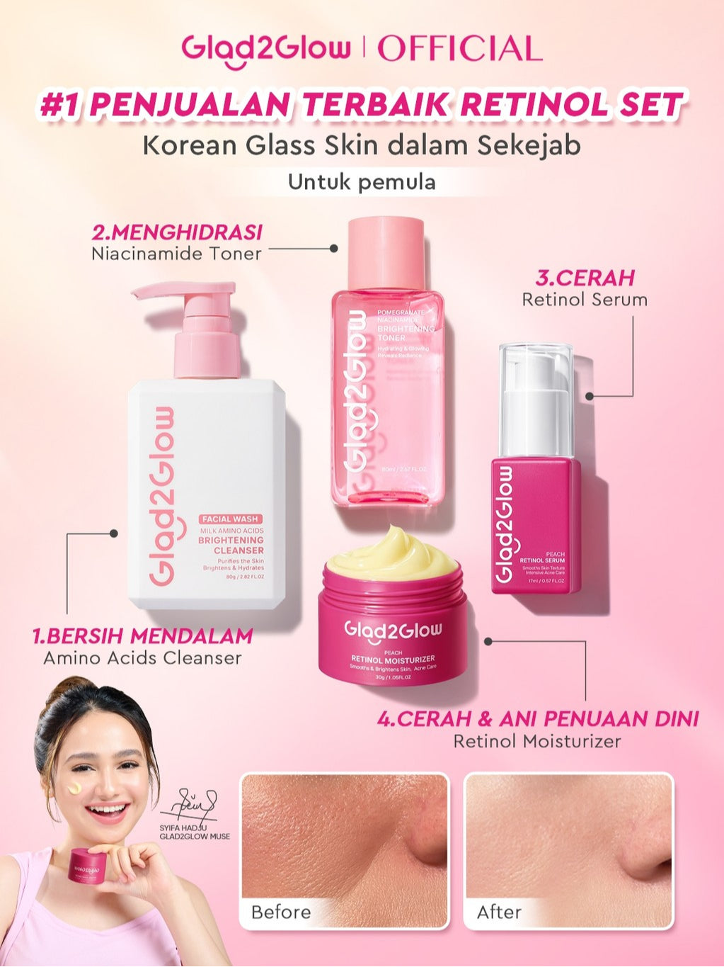 [Cocok Untuk Pemula] Glad2Glow Cerah Retinol Bundle 4in1-Brightening Moisturizer+Serum+Cleanser+toner Retinol  skincare paket pembersih perawatan kulit warna kulit pelembab wajah all in 1g2glow official store