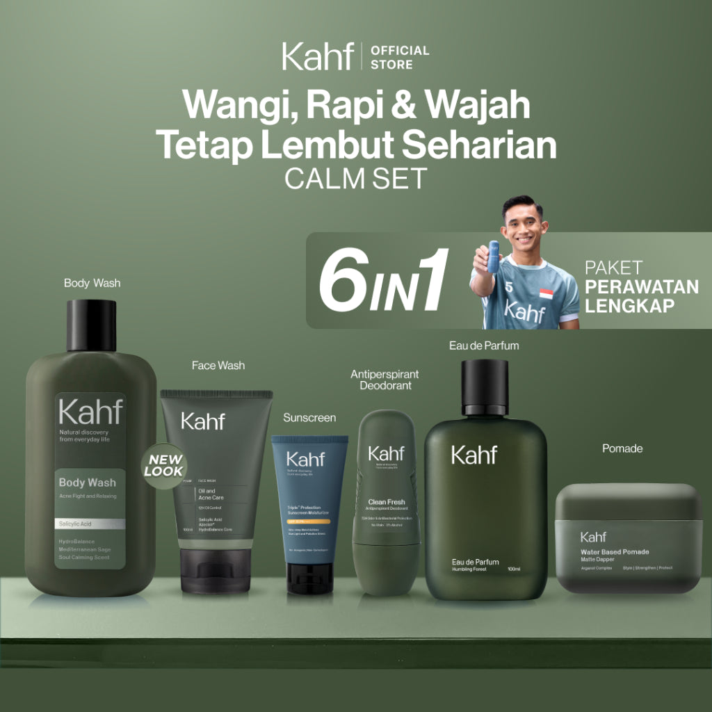 [KAHF BUNDLE 6IN1 PAKET PERAWATAN LENGKAP : WANGI, RAPI, & WAJAH TETAP LEMBUT SEHARIAN] Paket Complete Grooming (Face Wash + Sunscreen Moisturizer + Body Wash + Deodorant + EDT + Pomade/Hair Powder) - Approved by Barber and Suitable for Daily Use