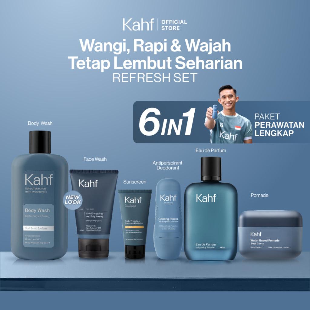 [KAHF BUNDLE 6IN1 PAKET PERAWATAN LENGKAP : WANGI, RAPI, & WAJAH TETAP LEMBUT SEHARIAN] Paket Complete Grooming (Face Wash + Sunscreen Moisturizer + Body Wash + Deodorant + EDT + Pomade/Hair Powder) - Approved by Barber and Suitable for Daily Use