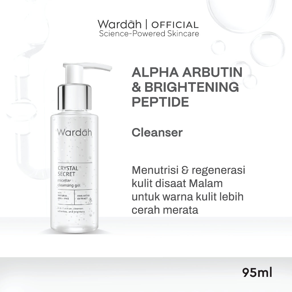 [Wardah Excluisve Member] Wardah Crystal Secret Series Lengkap - Micellar Cleansing Gel, Cleanser, Exfoliating Toner, Pure Treatment Essence, Serum, Dark Spot Corrector, Day & Night Moisturizer, Refreshing Day Gel, Radiance Serum Mask  - Skincare