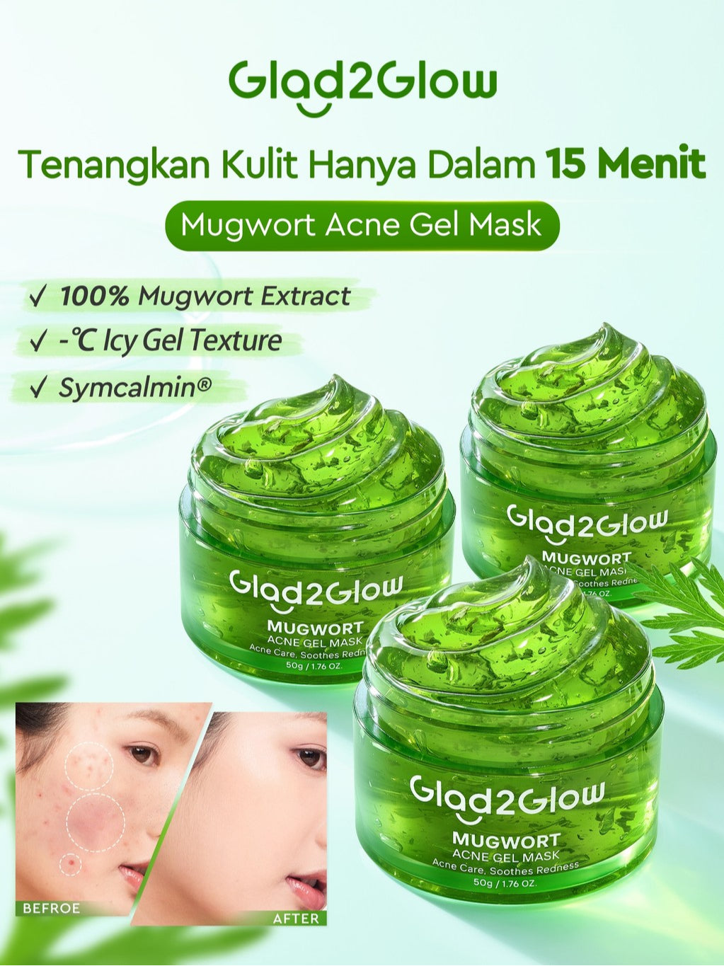 Glad2Glow Mugwort Acne Gel Mask 50g Masker Wajah Masker Komedo dan Pori Pori Wajah Masker Mask Sleeping Mask Sheetmask Clay Masker Jerawat Masker Clay Mask Mugwort Masker Hijau Masker Organik Gel Masker G2G masker wajah mencerahkan G2glow Official