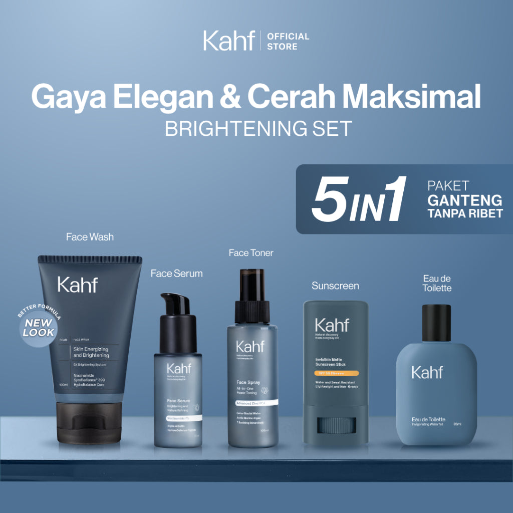 [KAHF BUNDLE 5IN1 PAKET GANTENG TANPA RIBET : GAYA ELEGAN & CERAH MAKSIMAL] Paket Complete Set (Face Wash + Toner + Serum + Sunscreen Stick + Eau de Toilette) - Suitable for Daily Use