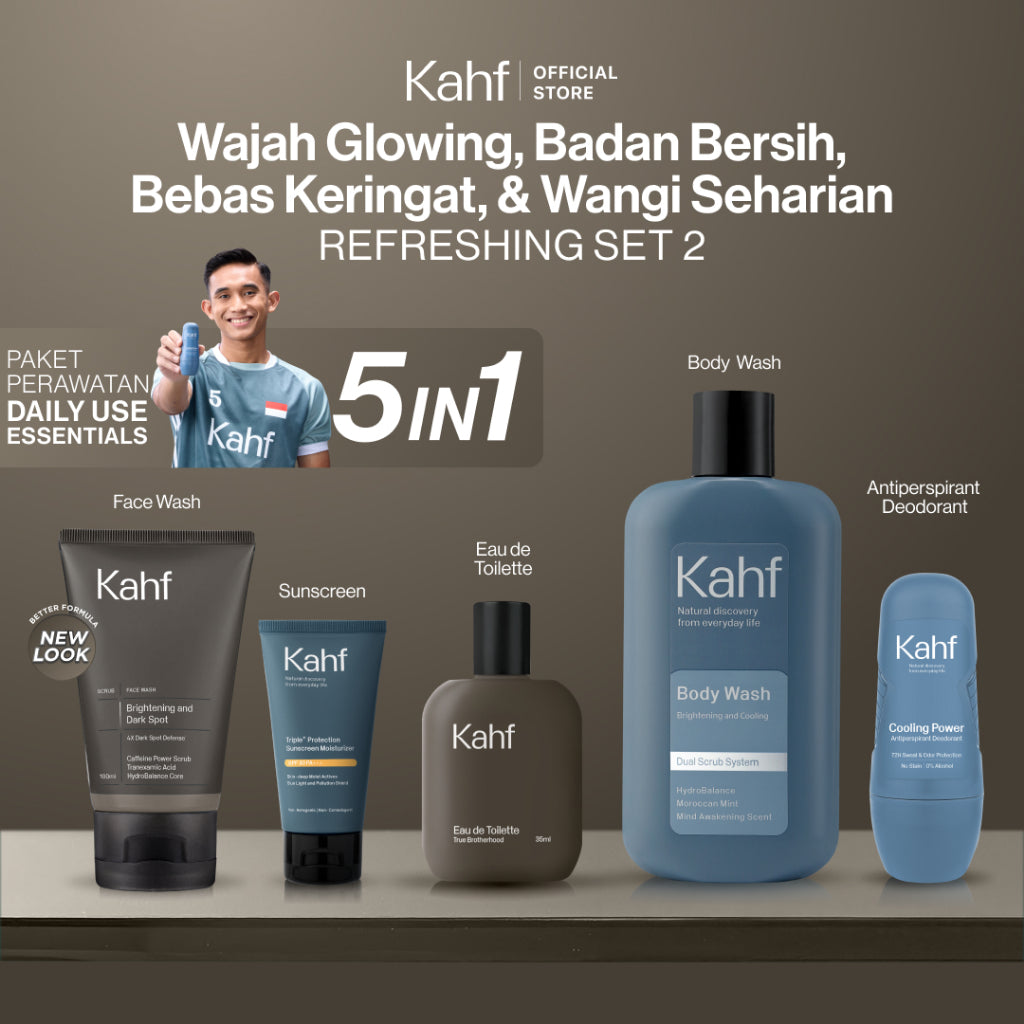 [KAHF BUNDLE 5IN1 PAKET PERAWATAN DAILY USE ESSENTIALS : WAJAH GLOWING, BADAN BERSIH, BEBAS KERINGAT, & WANGI SEHARIAN] Paket Personal Care (Face Wash + Sunscreen + Body Wash + Deodorant + Eau de Toilette) - Suitable for Daily Use