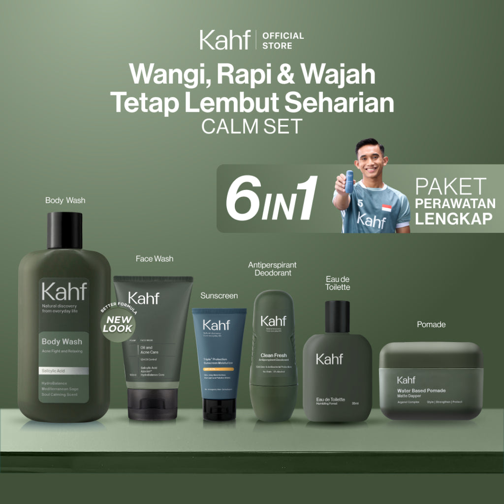 [KAHF BUNDLE 6IN1 PAKET PERAWATAN LENGKAP : WANGI, RAPI, & WAJAH TETAP LEMBUT SEHARIAN] Paket Complete Grooming (Face Wash + Sunscreen Moisturizer + Body Wash + Deodorant + EDT + Pomade/Hair Powder) - Approved by Barber and Suitable for Daily Use