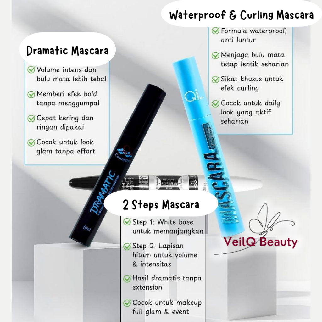 QL Eye Mascara Dramatic Eyeliner Eyebrow Waterproof Pencil Curling 2 Steps