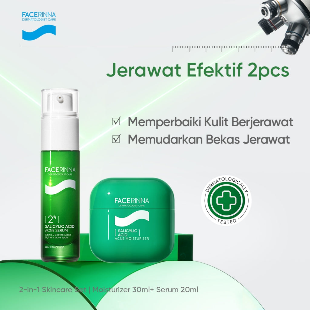 FACERINNA 2% Salicylic Acid + 2% Niacinamide Acne Serum 20ml |  Serum Jerawat Acne Treatment Menghilangkan Bekas Jerawat Kulit Beruntusan Mencegah Jerawat Datang Lagi Calms Acnes&Redness Prevents Breakout | Anti-Acne Exfoliating Brightening Pemutih Wajah
