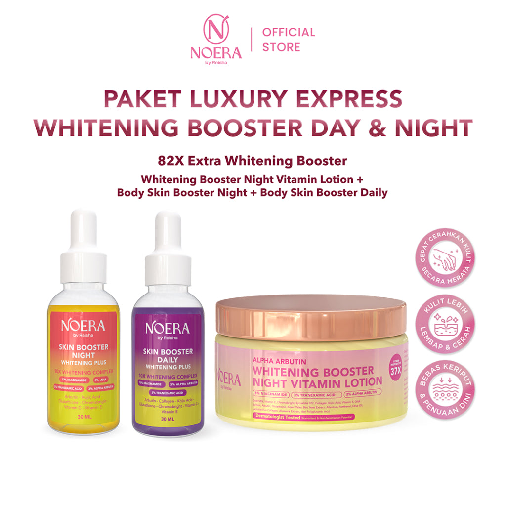 Noera Paket Luxury Express Whitening Booster Day & Night | Whitening Booster Night Vitamin Lotion + Body Skin Booster Daily + Body Skin Booster Night