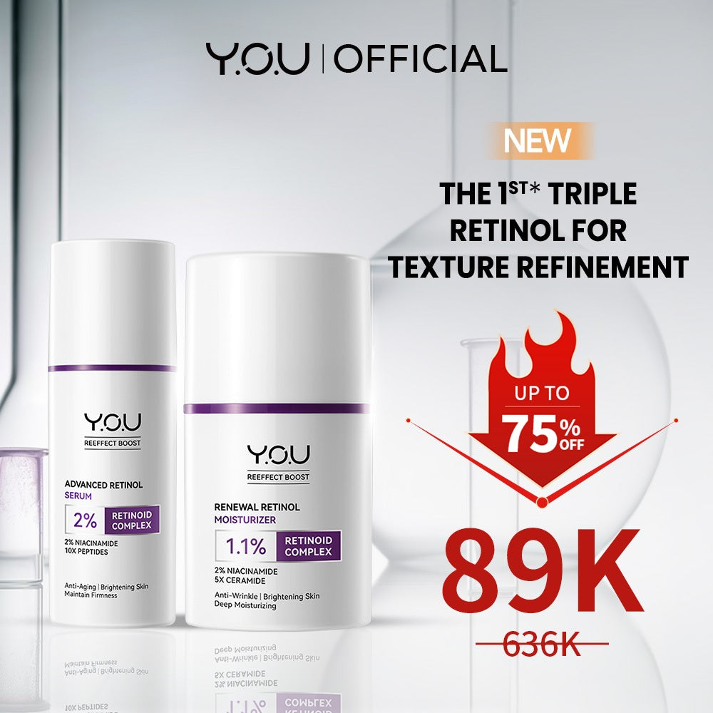 YOU Retinol 2pcs Set Advanced Retinol Serum 15ml + Renewal Retinol Moisturizer Anti aging Retinol Paket kulit cerah Brightening Dark spot noda hitam Memperbaiki tekstur kulit Anti aging Menyamarkan mencegah kerutan dan garis halus